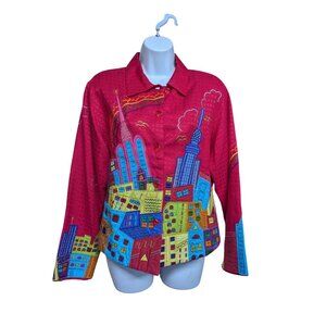 Pushpa Red Vibrant Embroidered Cityscape Jacket/Blazer Art to Wear Size M